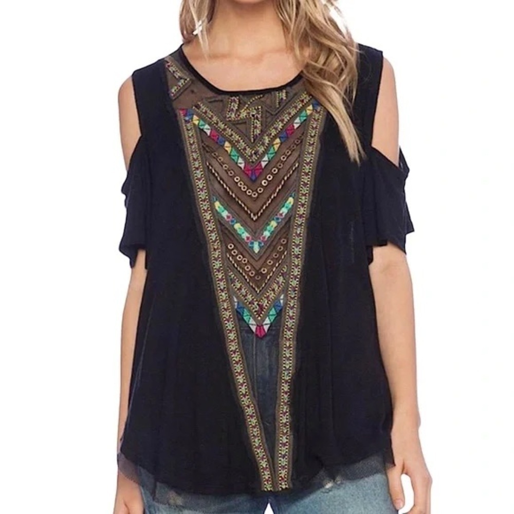 Free People Gypsy Spell Cold Shoulder Boho Beaded Embroidered Black Top Small